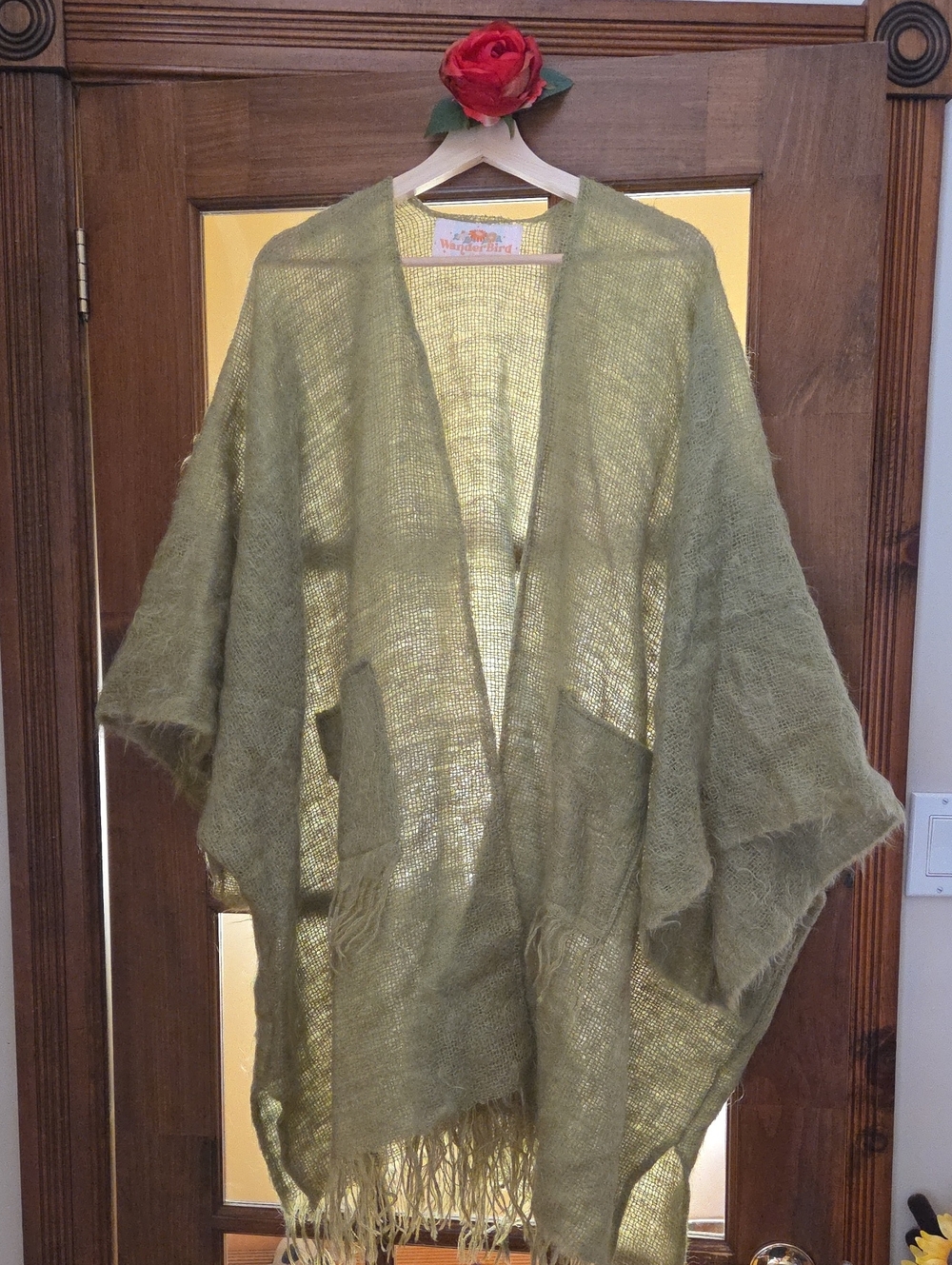 WanderBird: Upcycled Blanket-turned-Shawl Olive Green w Pockets and Fringe
